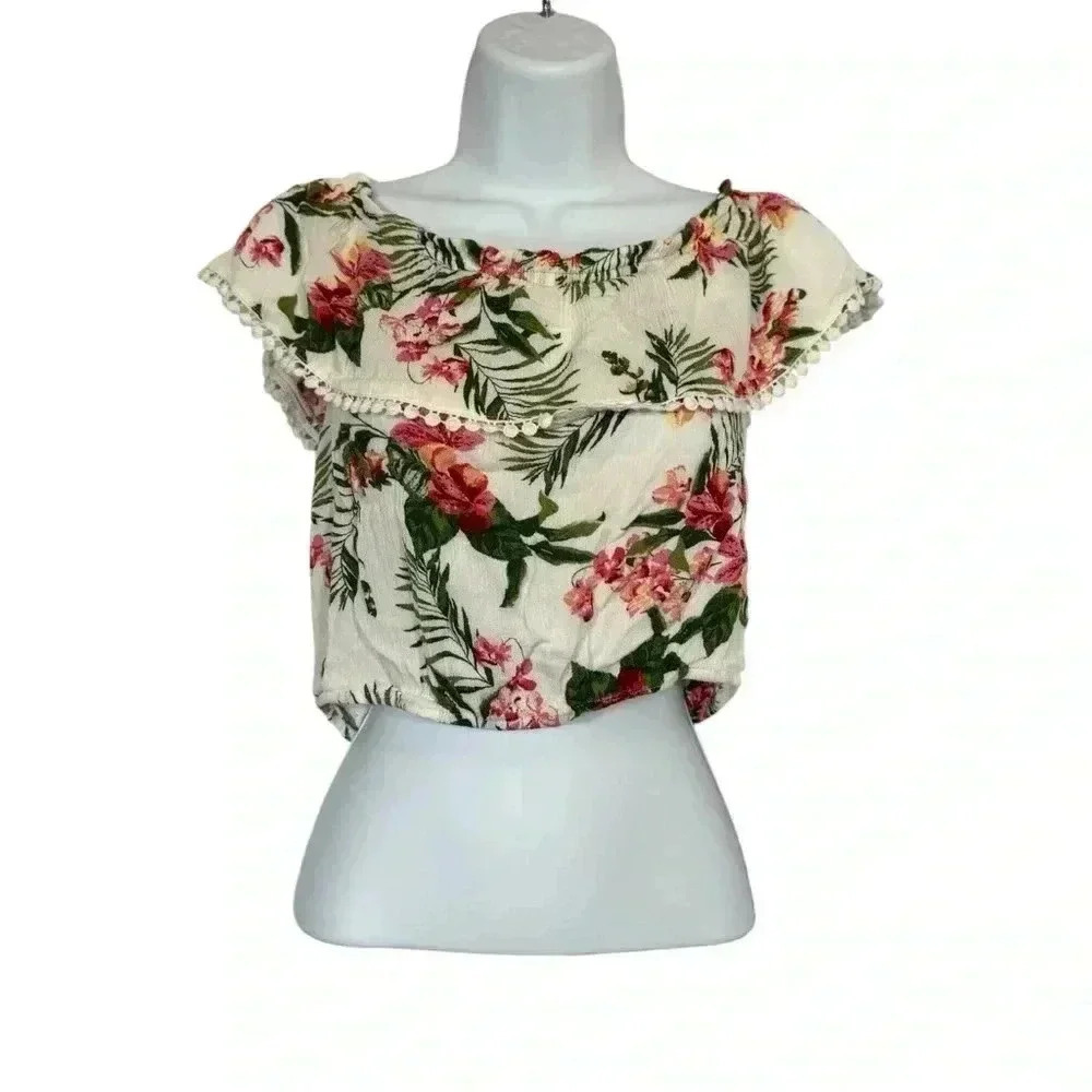 Ambiance Apparel Multicolor Floral Off Shoulder Rayon Crop Top Size Large